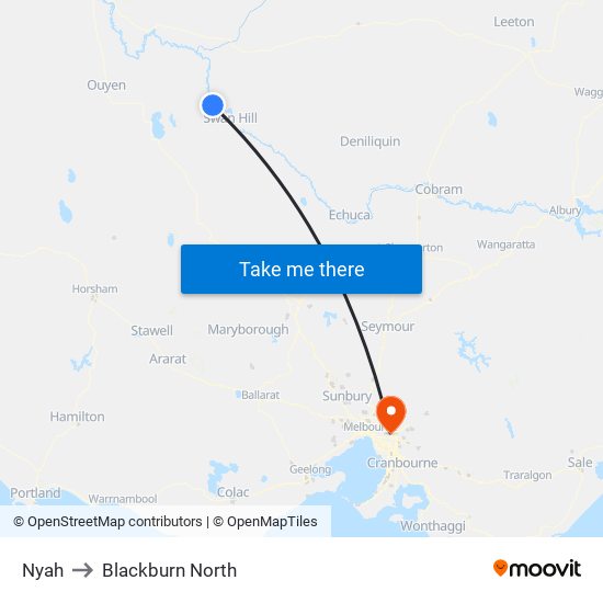 Nyah to Blackburn North map