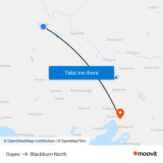 Ouyen to Blackburn North map