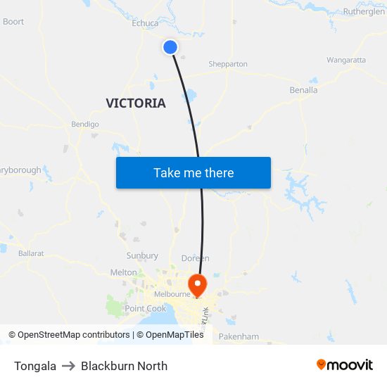 Tongala to Blackburn North map