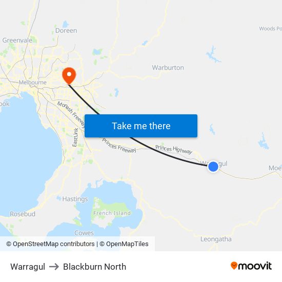 Warragul to Blackburn North map