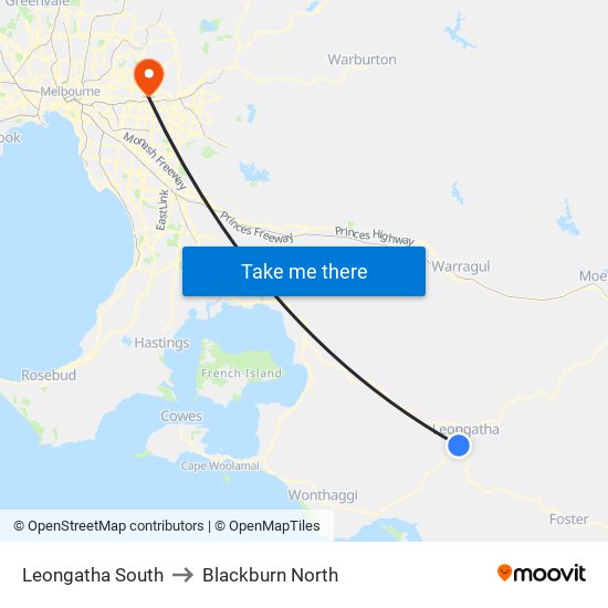 Leongatha South to Blackburn North map