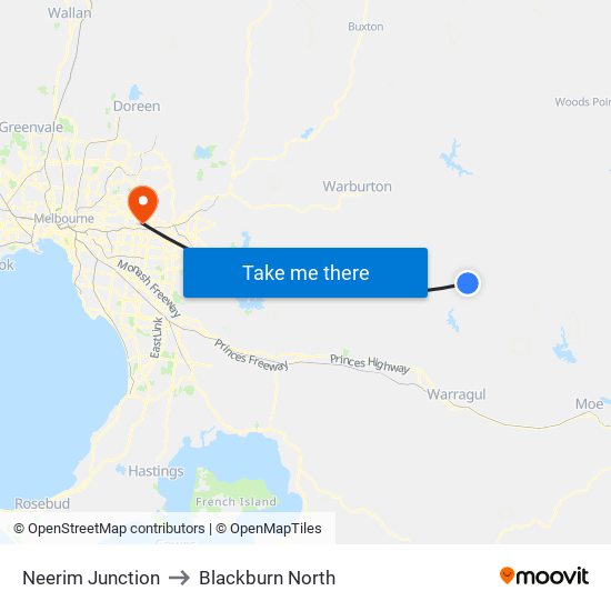 Neerim Junction to Blackburn North map