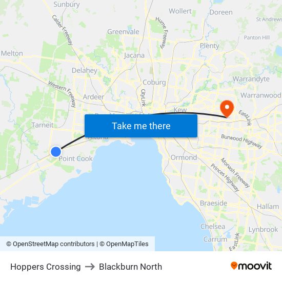Hoppers Crossing to Blackburn North map