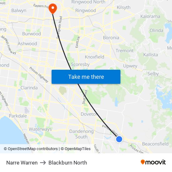 Narre Warren to Blackburn North map