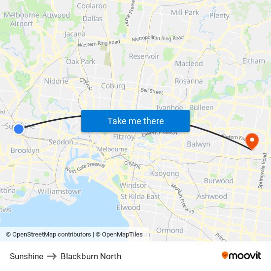 Sunshine to Blackburn North map