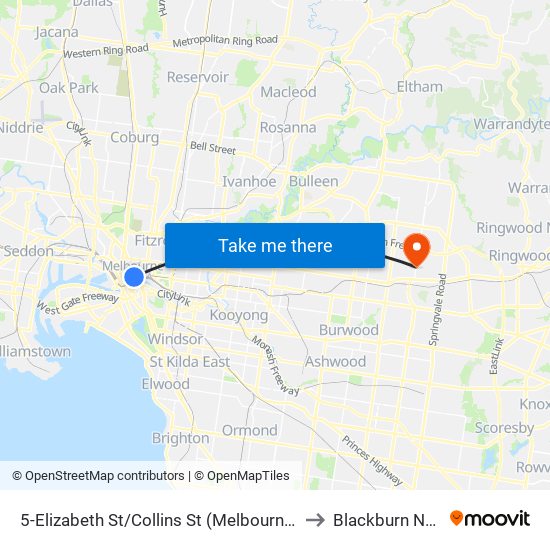 5-Elizabeth St/Collins St (Melbourne City) to Blackburn North map