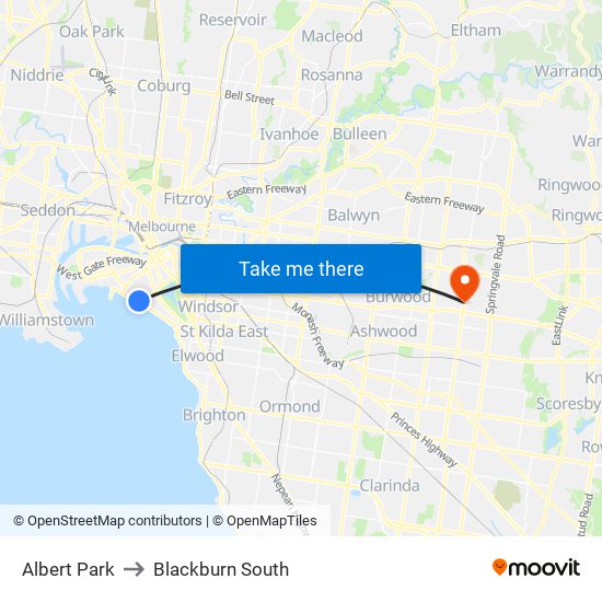 Albert Park to Blackburn South map