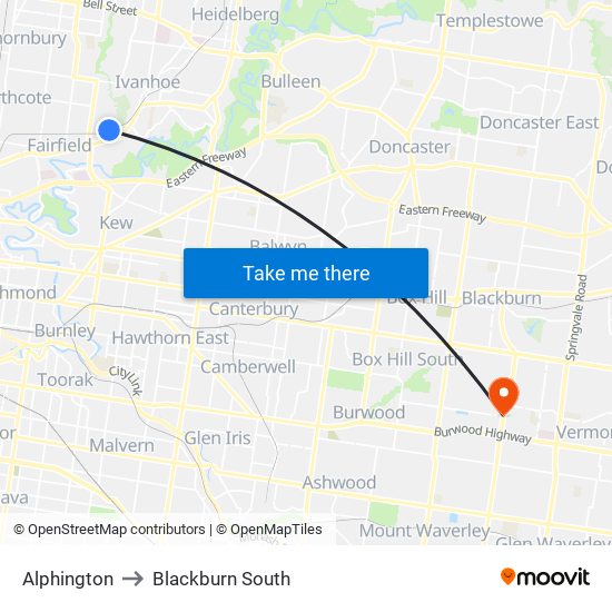 Alphington to Blackburn South map