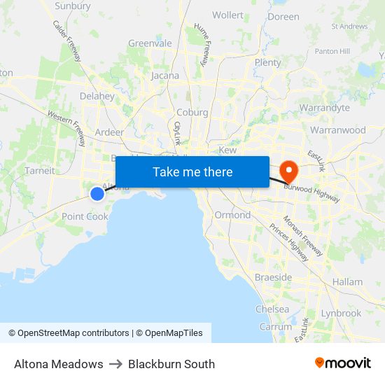 Altona Meadows to Blackburn South map