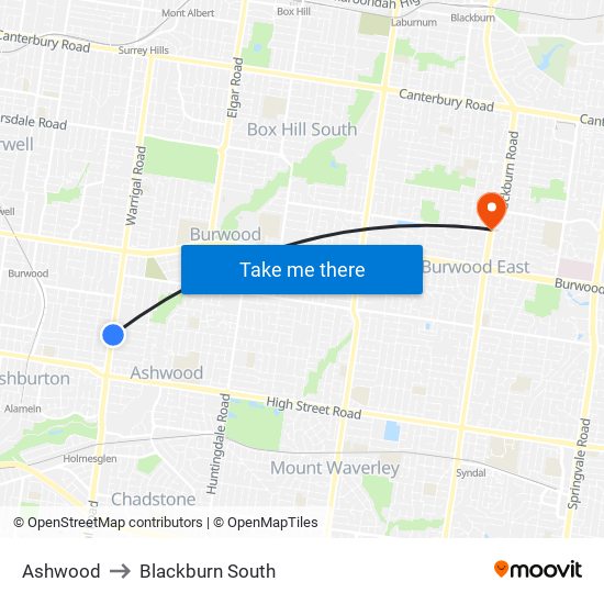 Ashwood to Blackburn South map