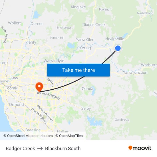 Badger Creek to Blackburn South map