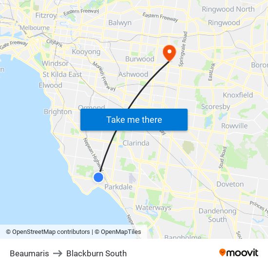 Beaumaris to Blackburn South map