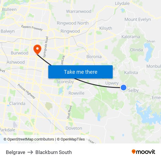 Belgrave to Blackburn South map