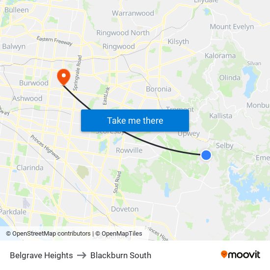 Belgrave Heights to Blackburn South map