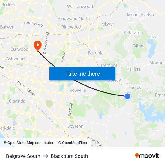 Belgrave South to Blackburn South map