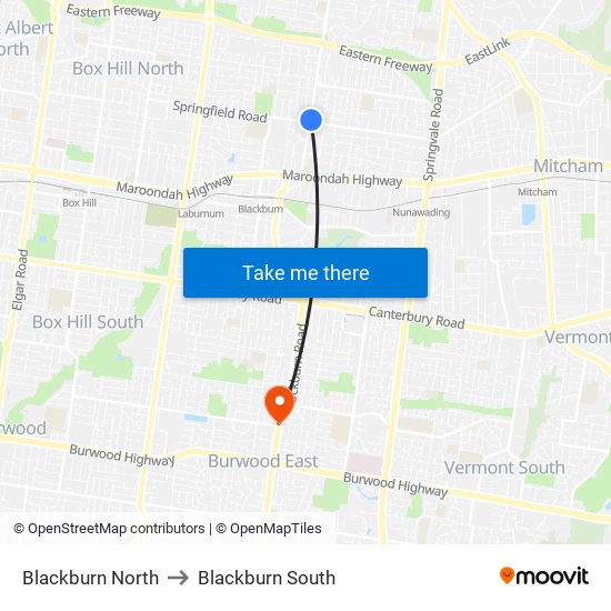 Blackburn North to Blackburn South map