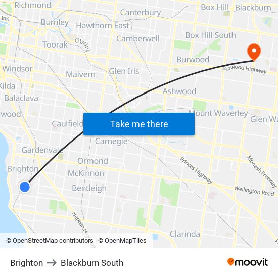 Brighton to Blackburn South map