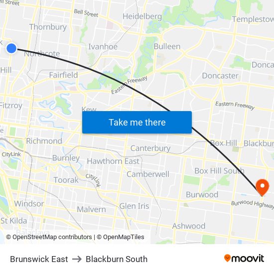 Brunswick East to Blackburn South map