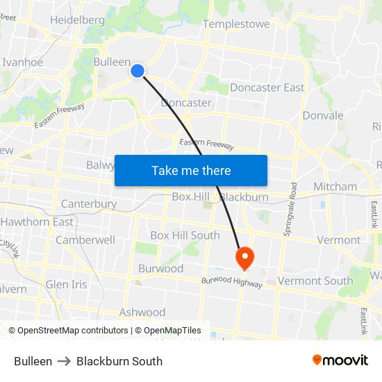 Bulleen to Blackburn South map