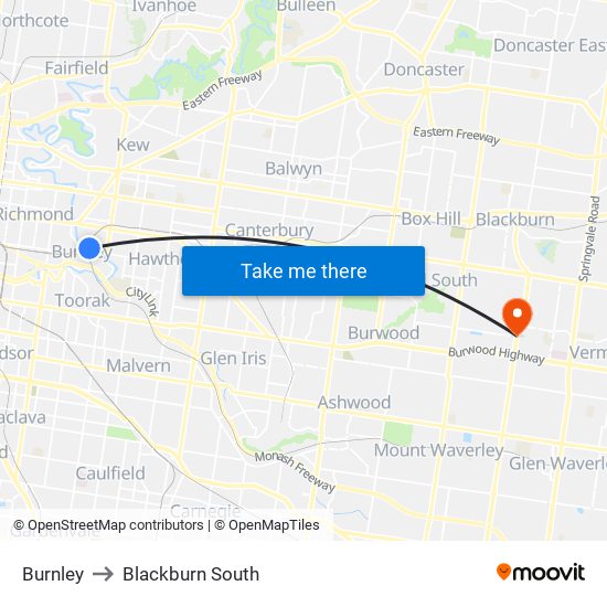 Burnley to Blackburn South map