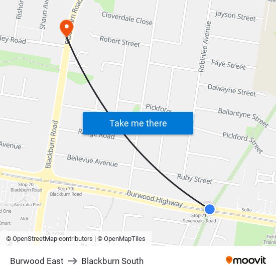 Burwood East to Blackburn South map