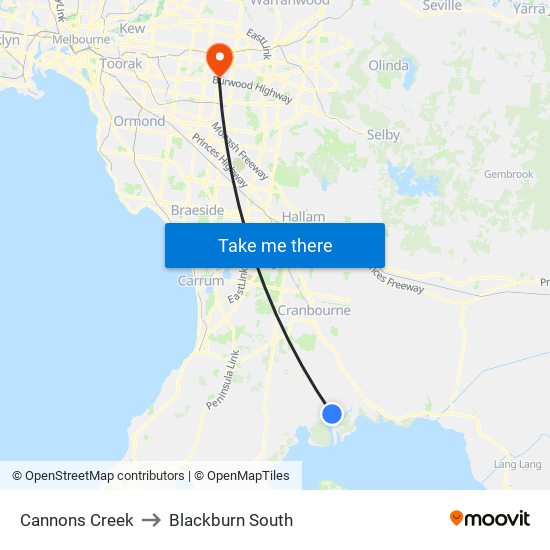 Cannons Creek to Blackburn South map