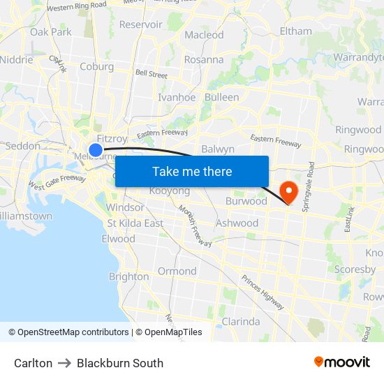 Carlton to Blackburn South map