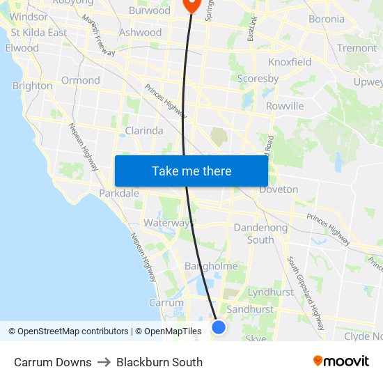 Carrum Downs to Blackburn South map