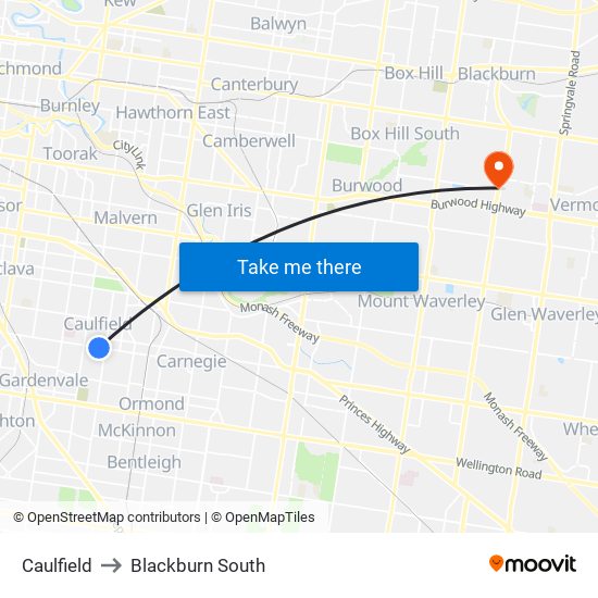 Caulfield to Blackburn South map