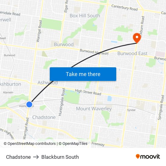 Chadstone to Blackburn South map