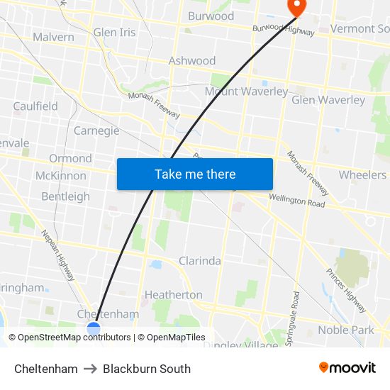 Cheltenham to Blackburn South map