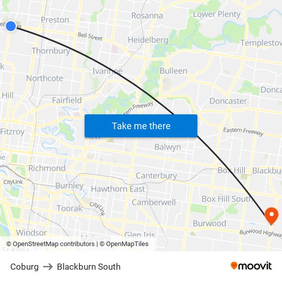 Coburg to Blackburn South map
