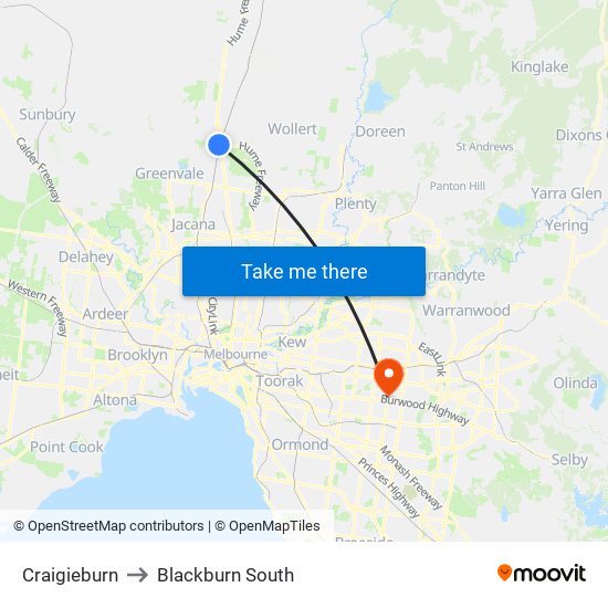 Craigieburn to Blackburn South map