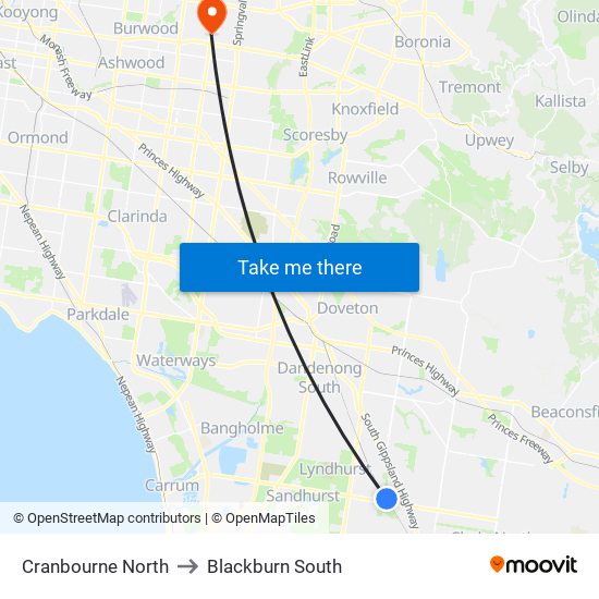 Cranbourne North to Blackburn South map