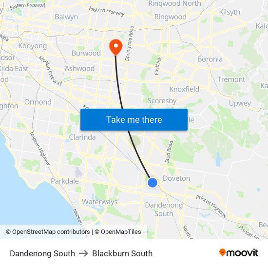 Dandenong South to Blackburn South map