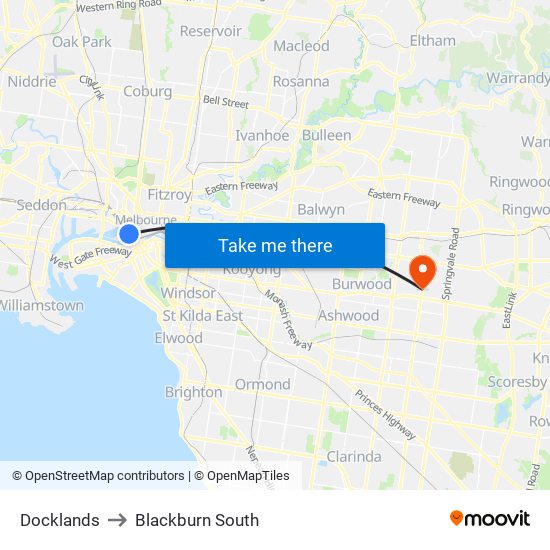 Docklands to Blackburn South map