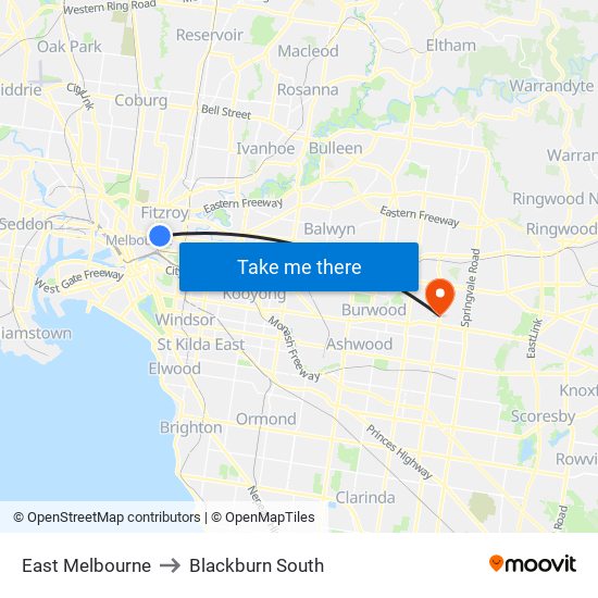 East Melbourne to Blackburn South map
