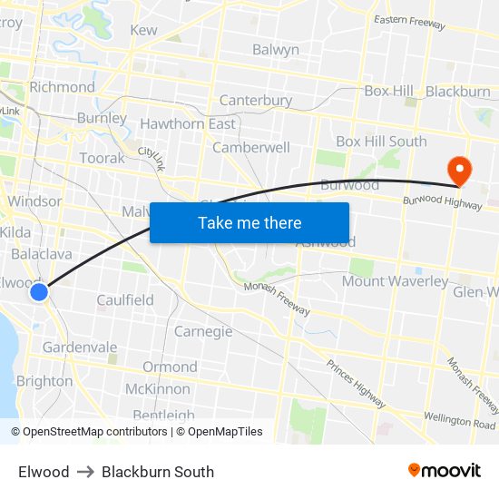 Elwood to Blackburn South map