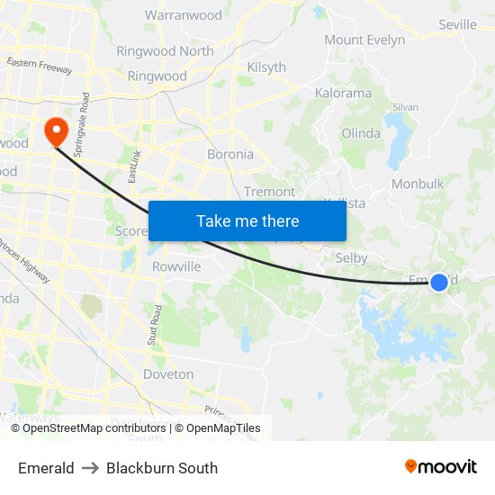 Emerald to Blackburn South map