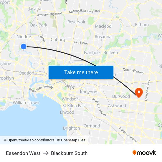 Essendon West to Blackburn South map