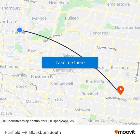 Fairfield to Blackburn South map