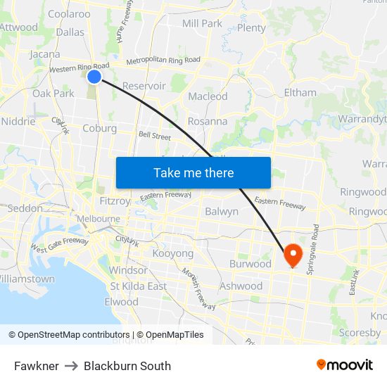 Fawkner to Blackburn South map