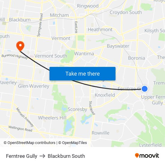 Ferntree Gully to Blackburn South map