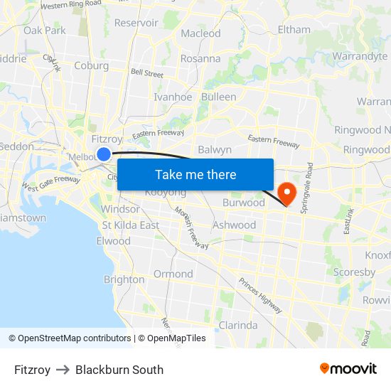 Fitzroy to Blackburn South map