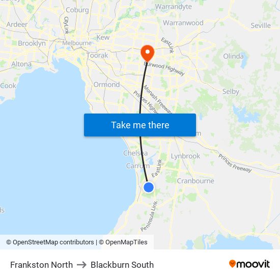Frankston North to Blackburn South map