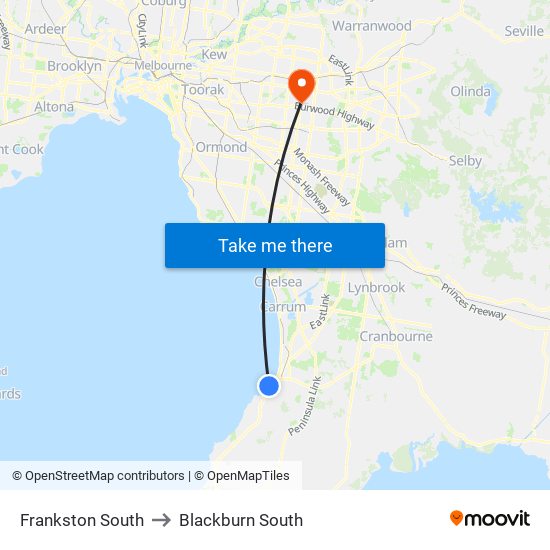 Frankston South to Blackburn South map