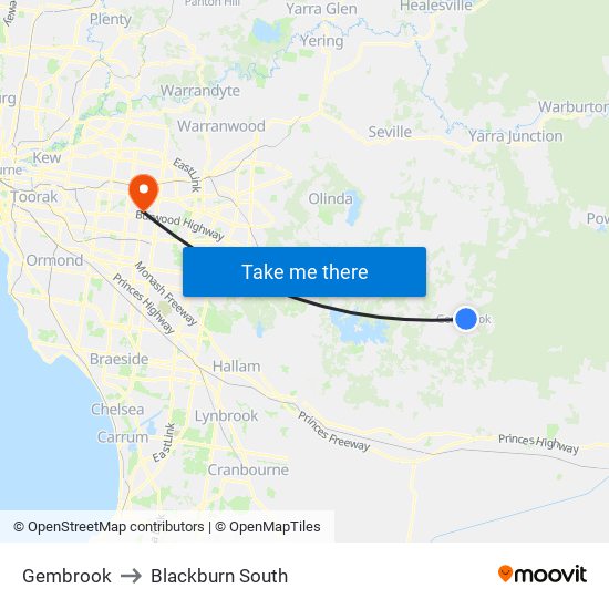 Gembrook to Blackburn South map