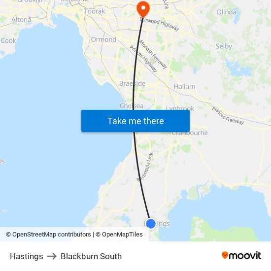 Hastings to Blackburn South map