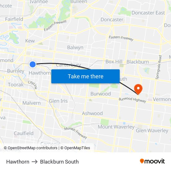 Hawthorn to Blackburn South map