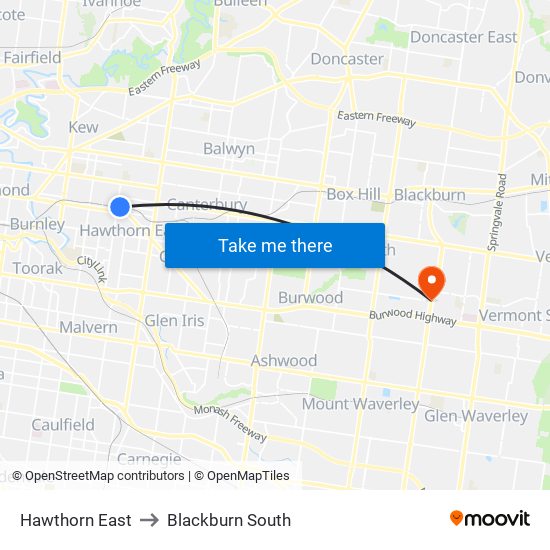 Hawthorn East to Blackburn South map